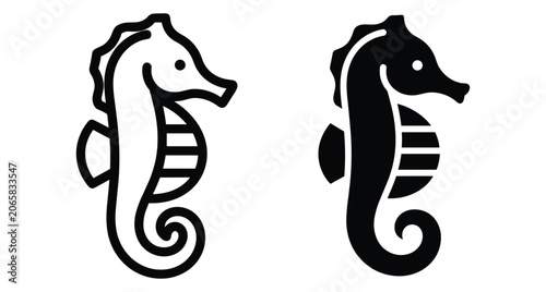 Seahorse icon set featuring outline and solid silhouette styles for marine life ocean animal nature graphic design projects and branding