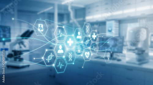 Futuristic digital medical interface with holographic healthcare icons floating in a modern research laboratory