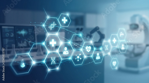 Futuristic digital medical interface with glowing hexagonal icons representing healthcare technology and scientific research in a modern laboratory...