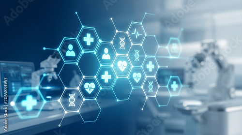 Futuristic Medical Technology Innovation Interface with Digital Health Icons and Laboratory Research Equipment in a Modern Clinical Science Facility