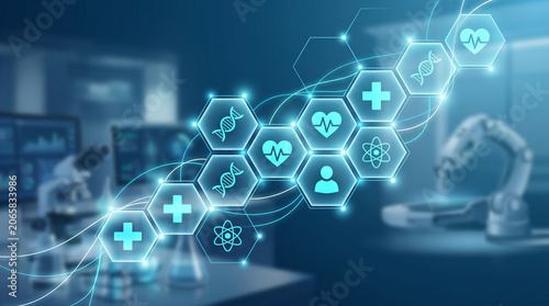 Futuristic digital medical interface with holographic healthcare icons and robotic laboratory equipment in a high tech research facility