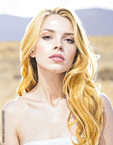 Blonde woman in white top against mountain backdrop.
