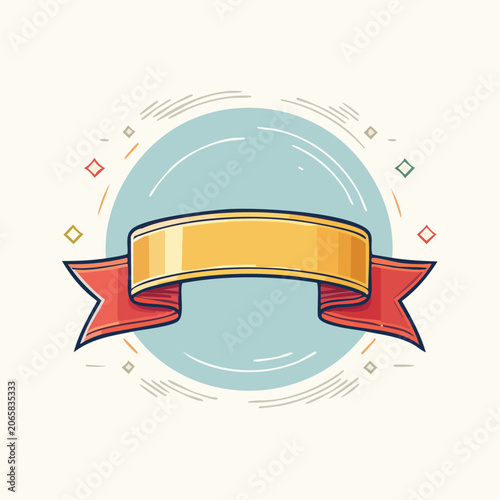 Golden Ribbon Banner with Red Tails on Light Blue Circle Background