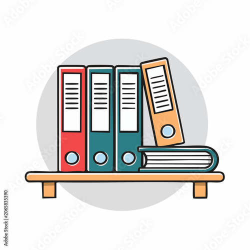 Illustration of colorful binders and a book on a shelf