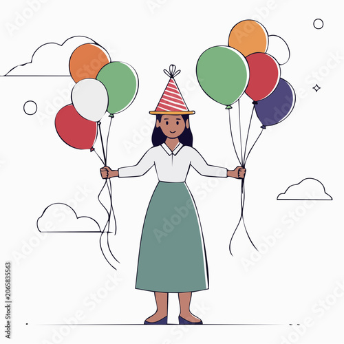 Woman in Party Hat Holding Balloons