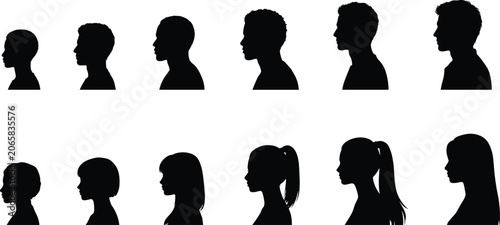 Children and Adults Silhouettes Profile Views On White Background Keywords: silhouette, profile, head, child, adult, boy, girl