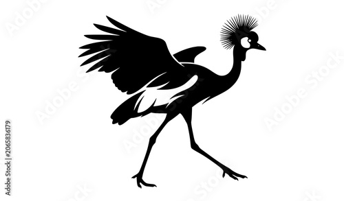 Canvas Print Walking African Grey Crowned Crane Black Silhouette Isolated Wildlife Bird Vecto
