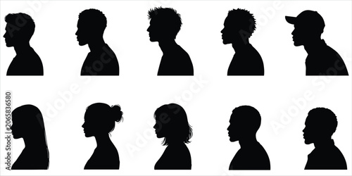 Tableau sur toile Diverse Male and Female Silhouettes Profile Views On White Background Keywords: