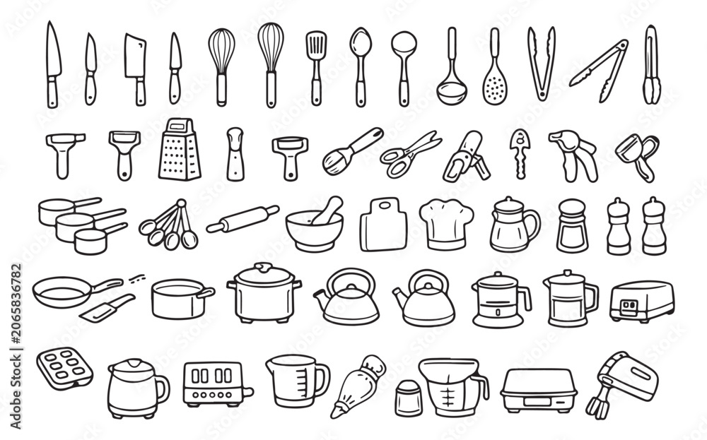 Naklejka premium Minimalist kitchen utensils icon set, hand drawn doodle cooking tools collection, black and white culinary equipment vector illustrations