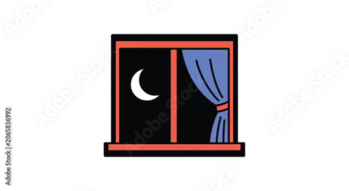 Night Window with Open Curtain.