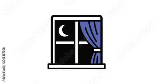 Night Window with Open Curtain.