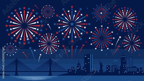 New York City Skyline And Brooklyn Bridge With Fireworks Over Night Cityscape Patriotic Vector Banner Background
