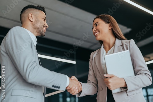 Professional business people shaking hands in modern office environment