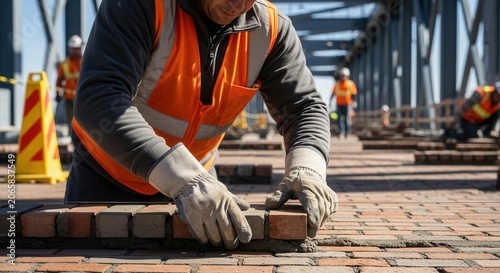 Construction Worker Laying Bricks On Urban Infrastructure Project