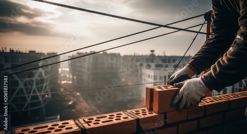 Construction Worker Laying Brick On Rooftop With Cityscape Background