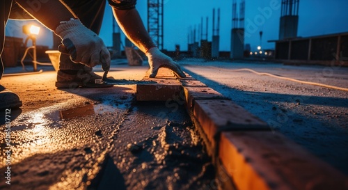 Construction Worker Laying Bricks At Dusk With Intense Lighting