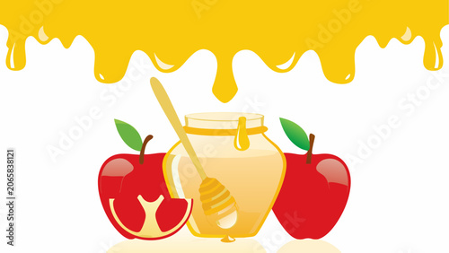 Fresh red apples with a jar of sweet honey Vector