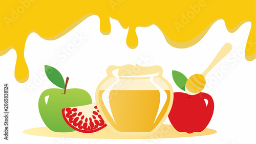 Fresh apples and honey jar with dipper Vector