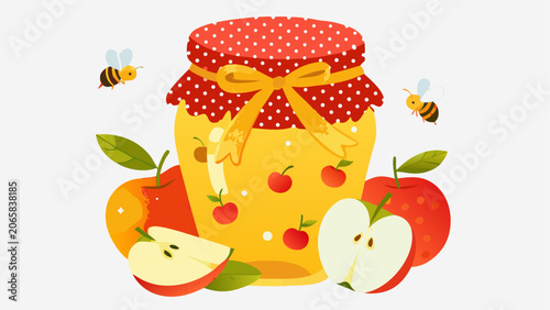Jar of apple jam with fresh red apples Vector