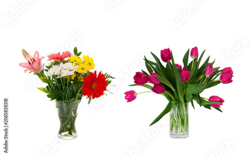 Two colorful flower bouquets in clear glass vases on white background with colorful arrangement decoration botanical interior celebration springtime isolated background