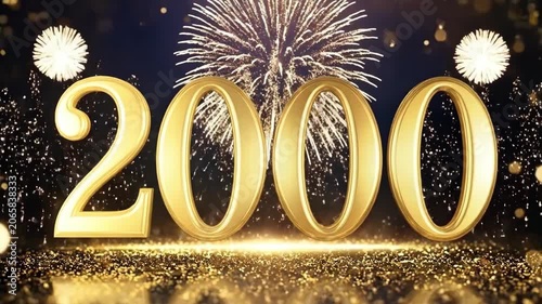Golden number 2000 with fireworks celebration background. 2000th anniversary and milestone achievement. 2K subscriber count or follower celebration concept. Sparkling gold glitter and bokeh.