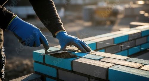 Construction Worker Laying Bricks Building a Wall During Sunset Warm Golden Hour Light