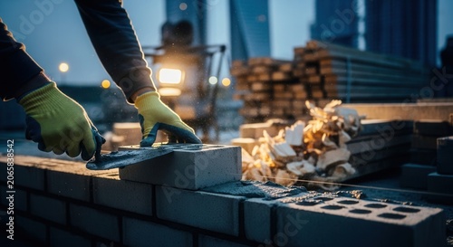 Construction Worker Laying Bricks Building Wall During Dusk Cityscape