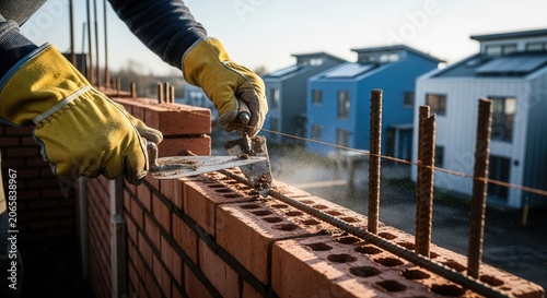 Construction Worker Laying Bricks Building New Homes Modern Development