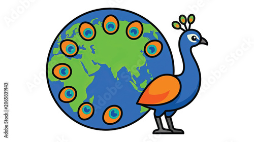 Peacock standing next to a globe.