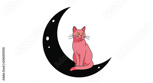 Pink Cat Sitting on Crescent Moon.
