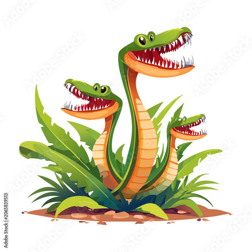 Photos Mythical three headed hydra snake monster emerging from green bushes showing sha