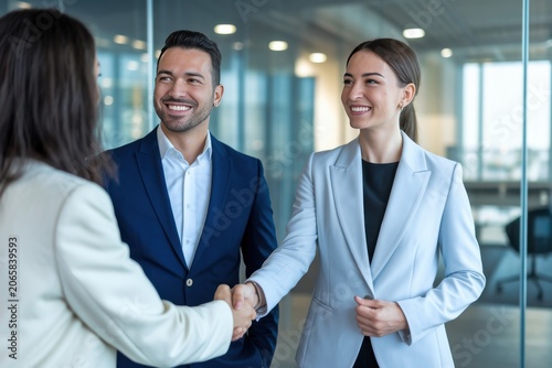 Professional business people shaking hands in a modern office setting