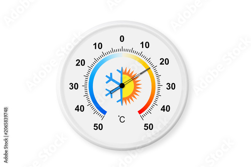 Circular celsius scale thermometer on a white background with soft shadow. Ambient temperature plus 19 degrees celsius