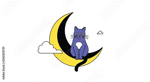 Purple Cat Sitting on Moon Crescent.