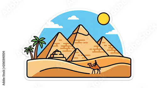 Pyramids in desert landscape with camel.