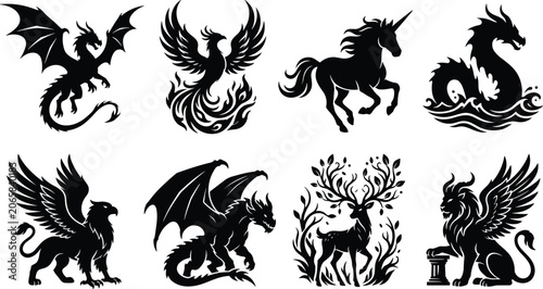Fényképezés Mythical creatures and fantasy monsters black silhouette icon set with dragon ph