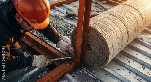 Construction Worker Installing Insulation Material On A Building Site