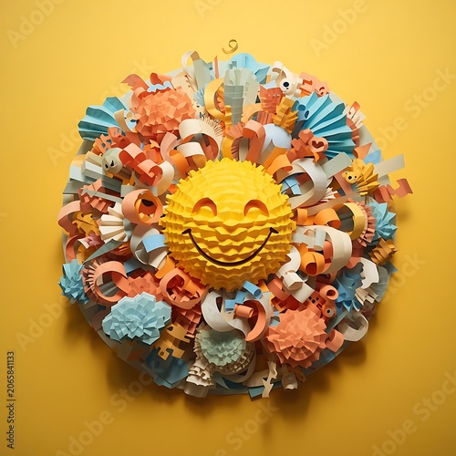 Papercraft City Elements Bursting Around Center Smiley Face