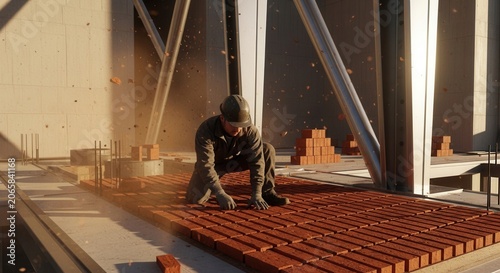 Construction Worker Laying Bricks On A Modern Building Site