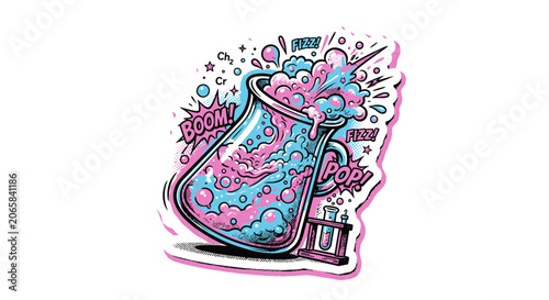 Scientific beaker with bubbling liquid and comic effects