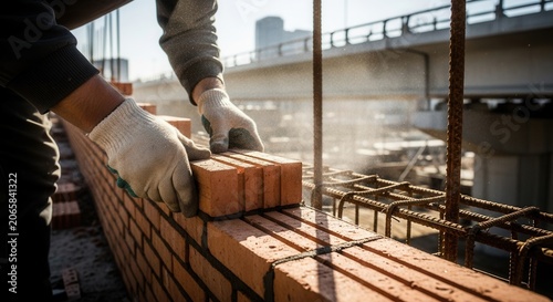Construction Worker Laying Bricks On Building Site Under Bright Sunlight