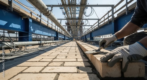Construction Worker Laying Bricks On Elevated Platform With Pipes Overhead In Sunny Day