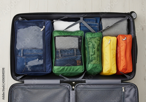 Packing cubes in luggage, organized travel essentials, colorful packing accessories, suitcase organization isolated on White Background