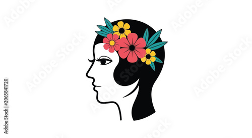 Woman with flowers in hair profile.