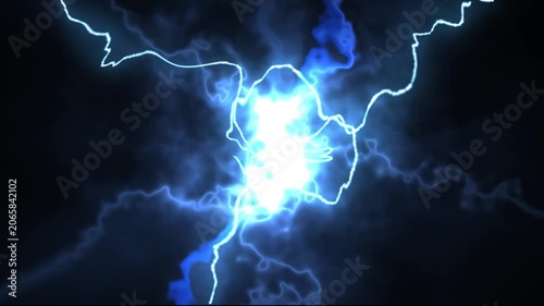 Simple energy thunder storm lightning bolt transition on black background, on black background, blue electric striking burst, Strong thunder lights animated overlay, 4K