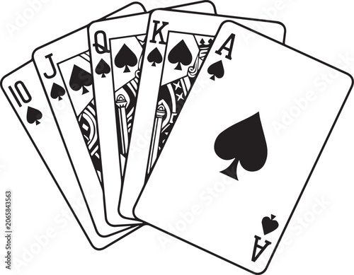Royal flush spades poker hand with detailed face cards fanned out, classic casino gambling black and white vector illustration
