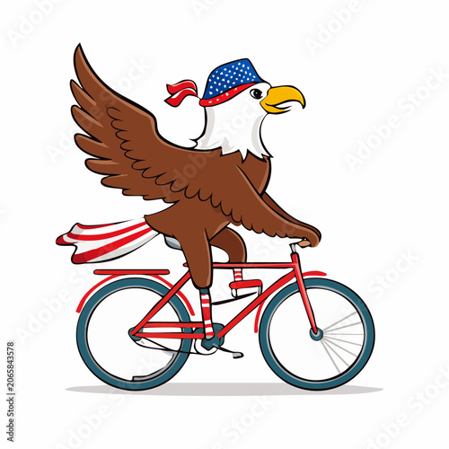 Cartoon Bald Eagle Riding a Bicycle with American Flag Attire