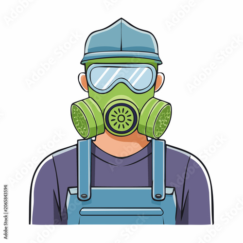 Cartoon Worker Wearing Gas Mask and Hard Hat