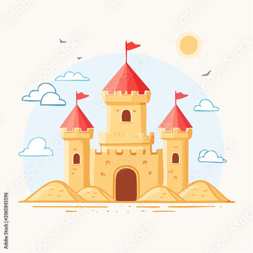 Cartoon Sandcastle with Red Flags and Sun