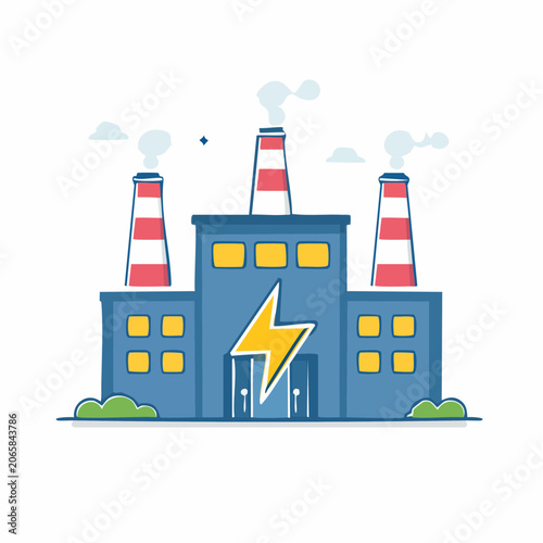 Illustration of a blue factory with smoking chimneys and a lightning bolt symbol